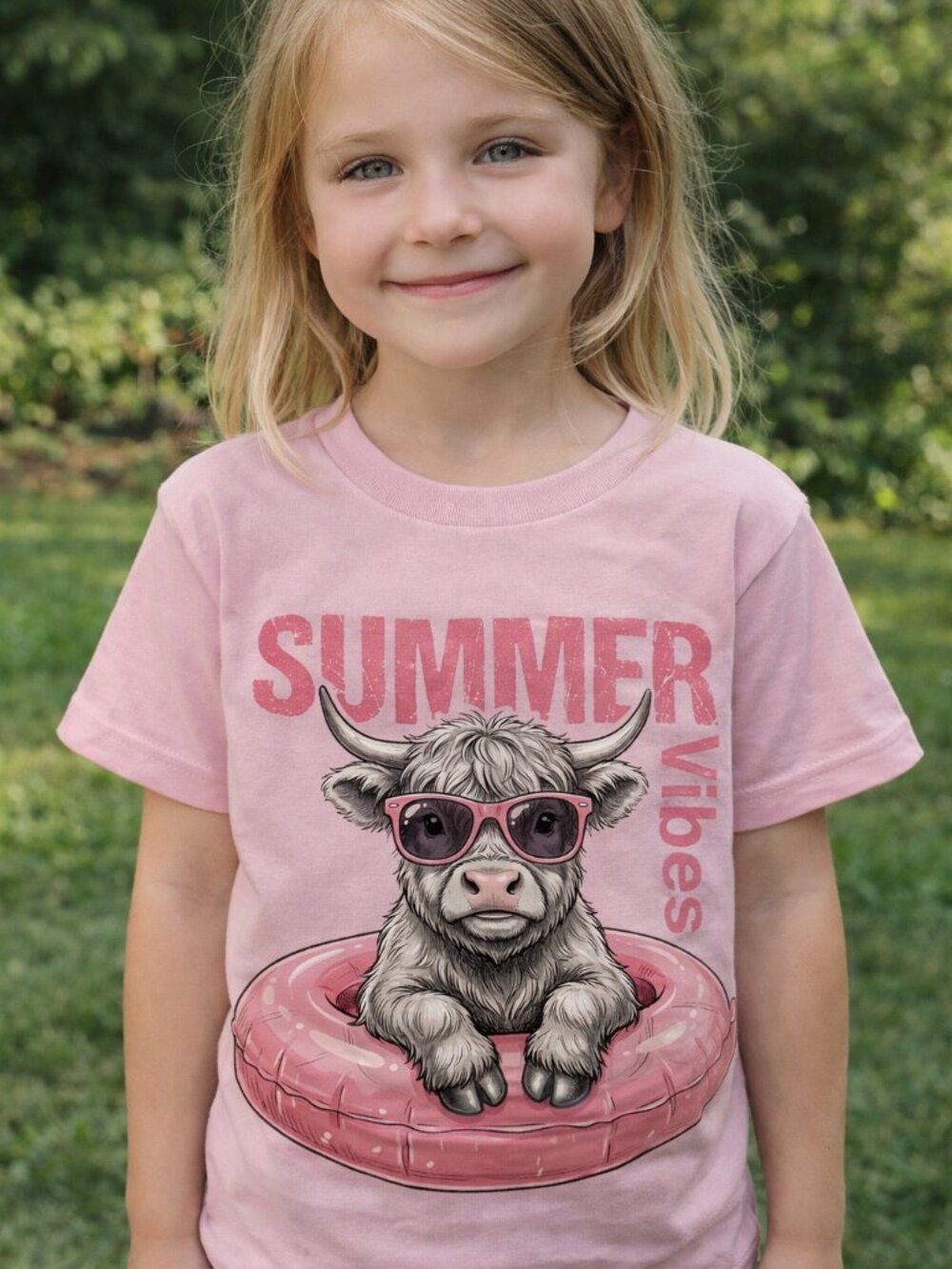 Summer Vibes Highland Cow Youth Tee | Pink DTF Graphic Shirt | Cute & Sunny Stat